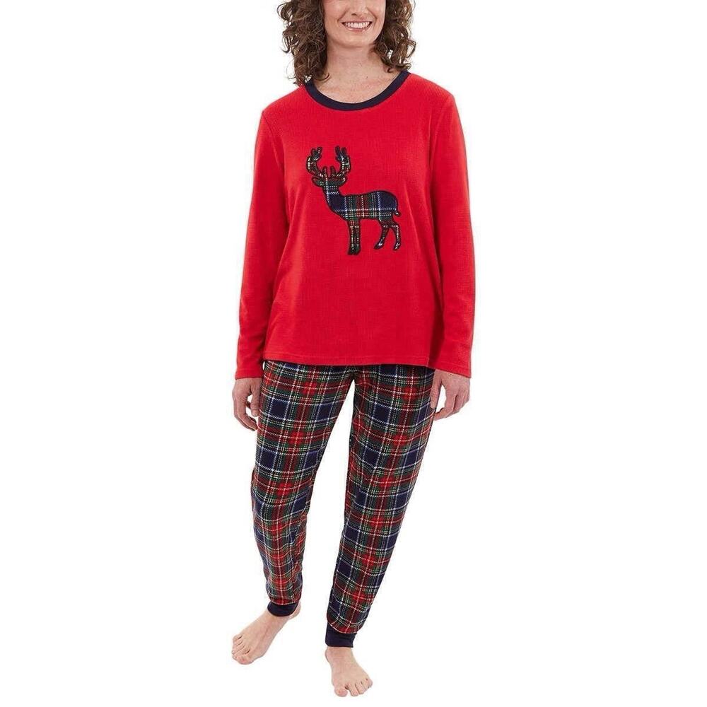 Eddie Bauer Women’s M Pajama Set Reindeer Plaid Thermal Shirt Pants Christmas
